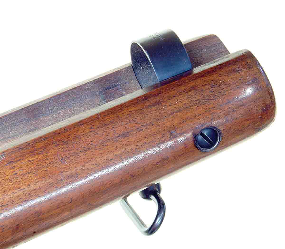 A barrel band bedding clamp was used on this Winchester M52C target rifle. This does not work well as the barrel is not pulled straight down.